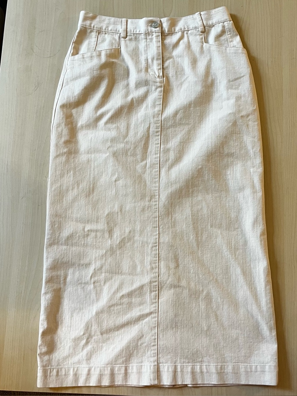 Vintage Y2K High Waist Women's Cream Thin Stretch Denim Midi Skirt